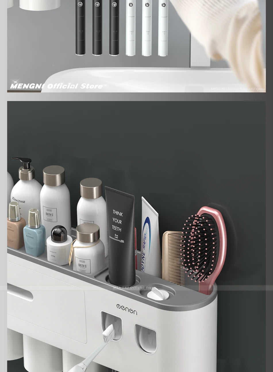 MENGNI-Magnetic Adsorption Inverted Toothbrush Holder Wall -Automatic Toothpaste Squeezer Storage Rack Bathroom Accessories