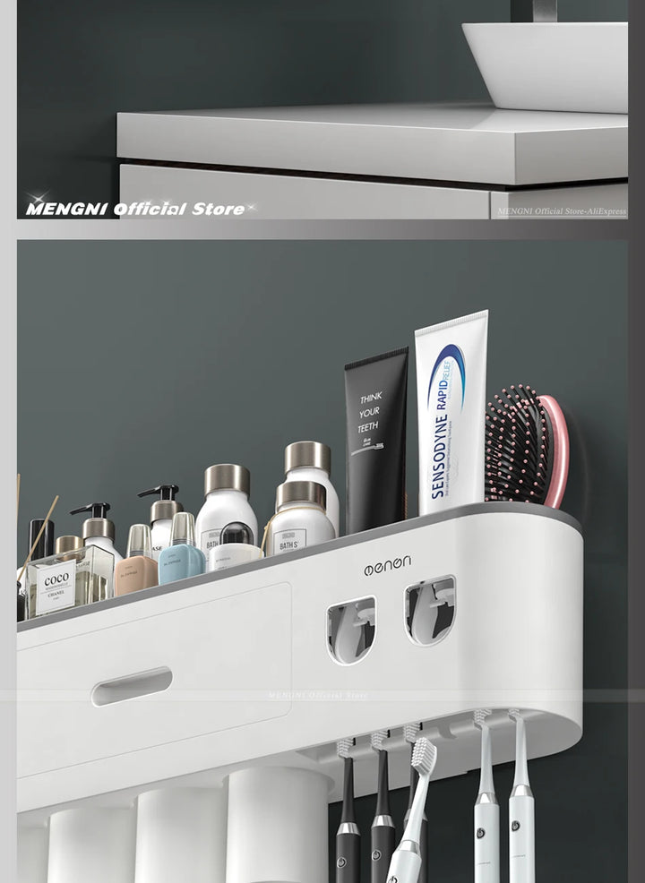 MENGNI-Magnetic Adsorption Inverted Toothbrush Holder Wall -Automatic Toothpaste Squeezer Storage Rack Bathroom Accessories