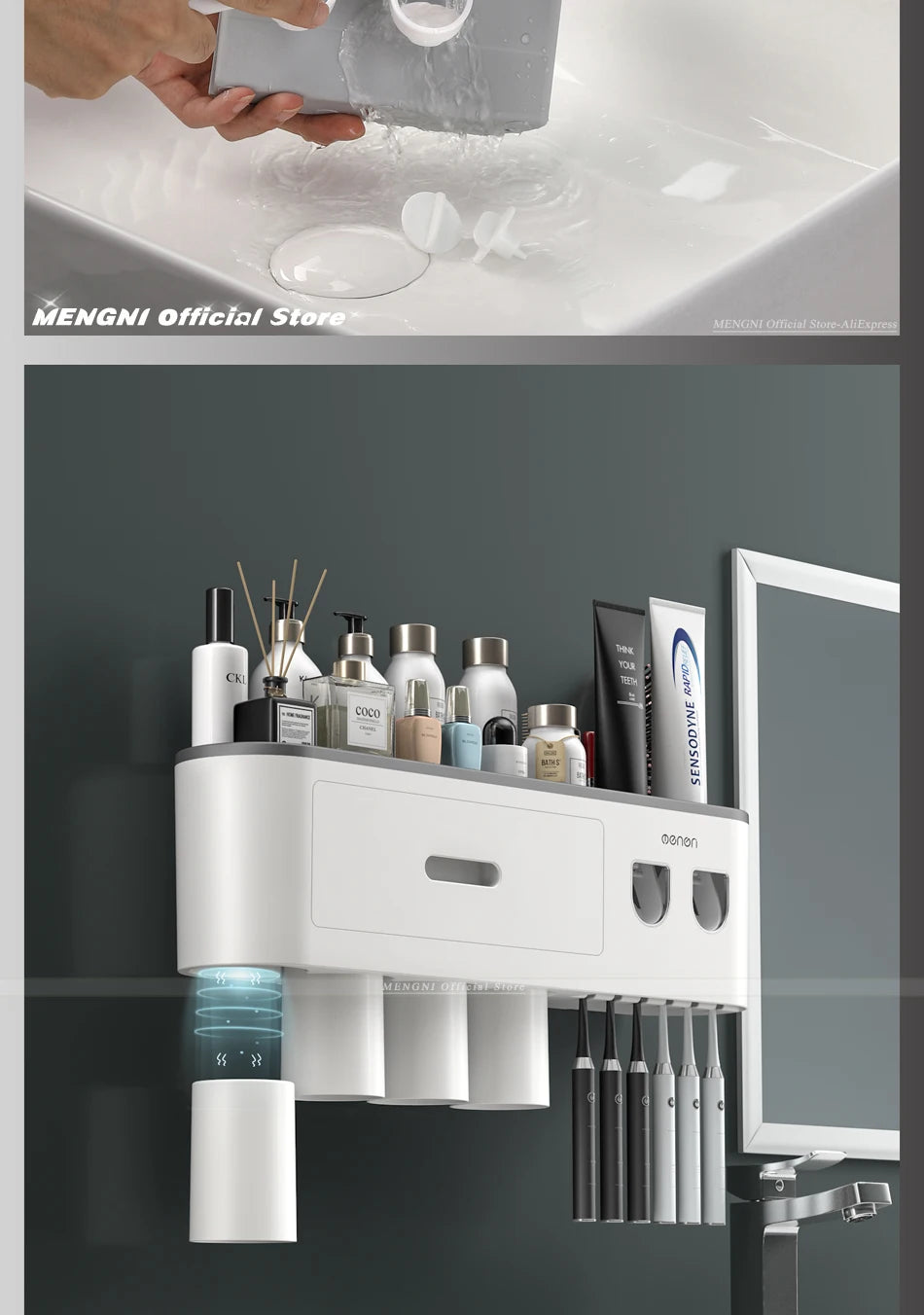 MENGNI-Magnetic Adsorption Inverted Toothbrush Holder Wall -Automatic Toothpaste Squeezer Storage Rack Bathroom Accessories