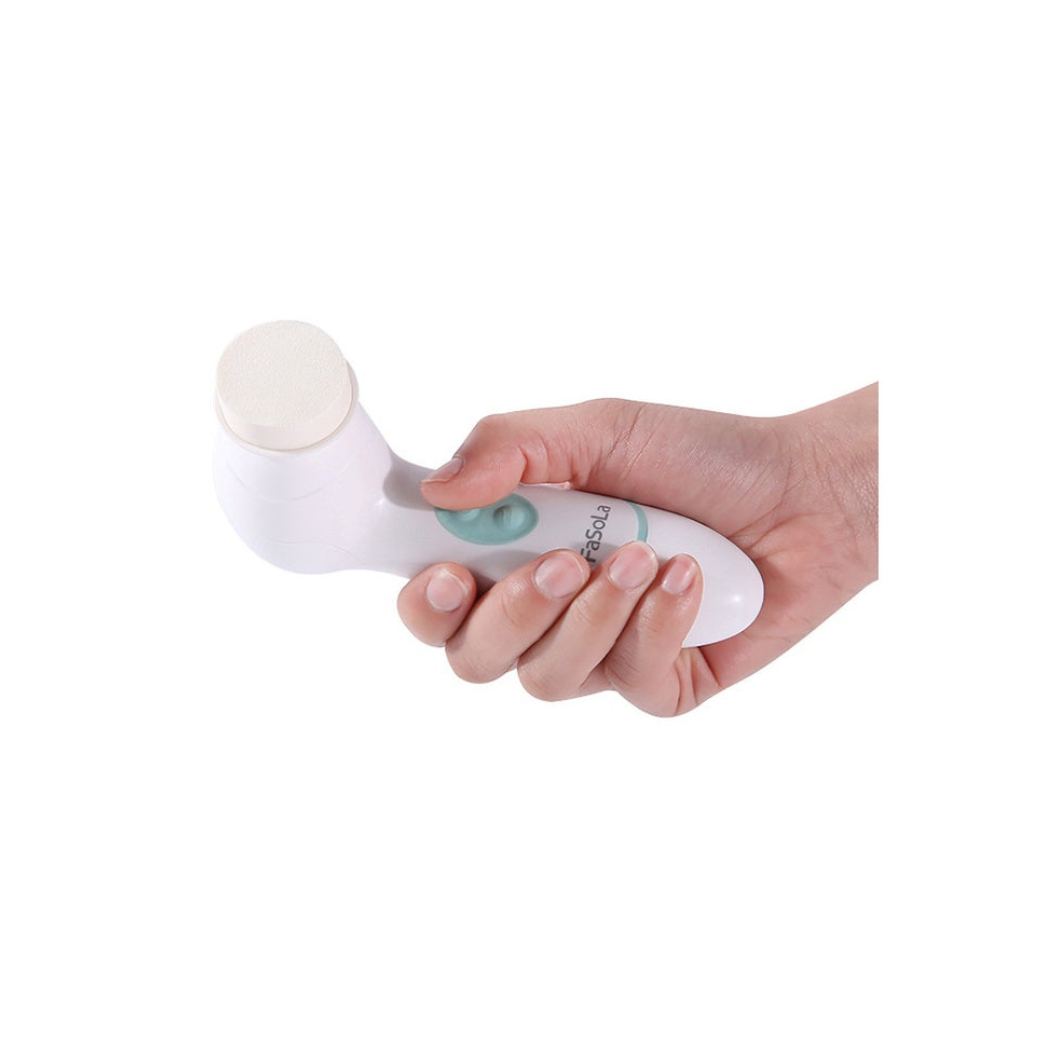 Hand holding a white electronic device with a circular component on a white background