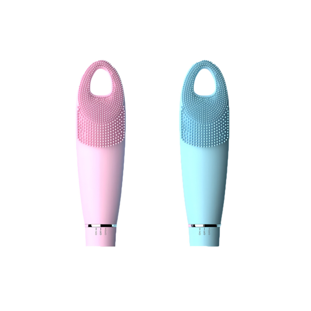 Two handheld cleaning brushes, one pink and one blue, on a white background.