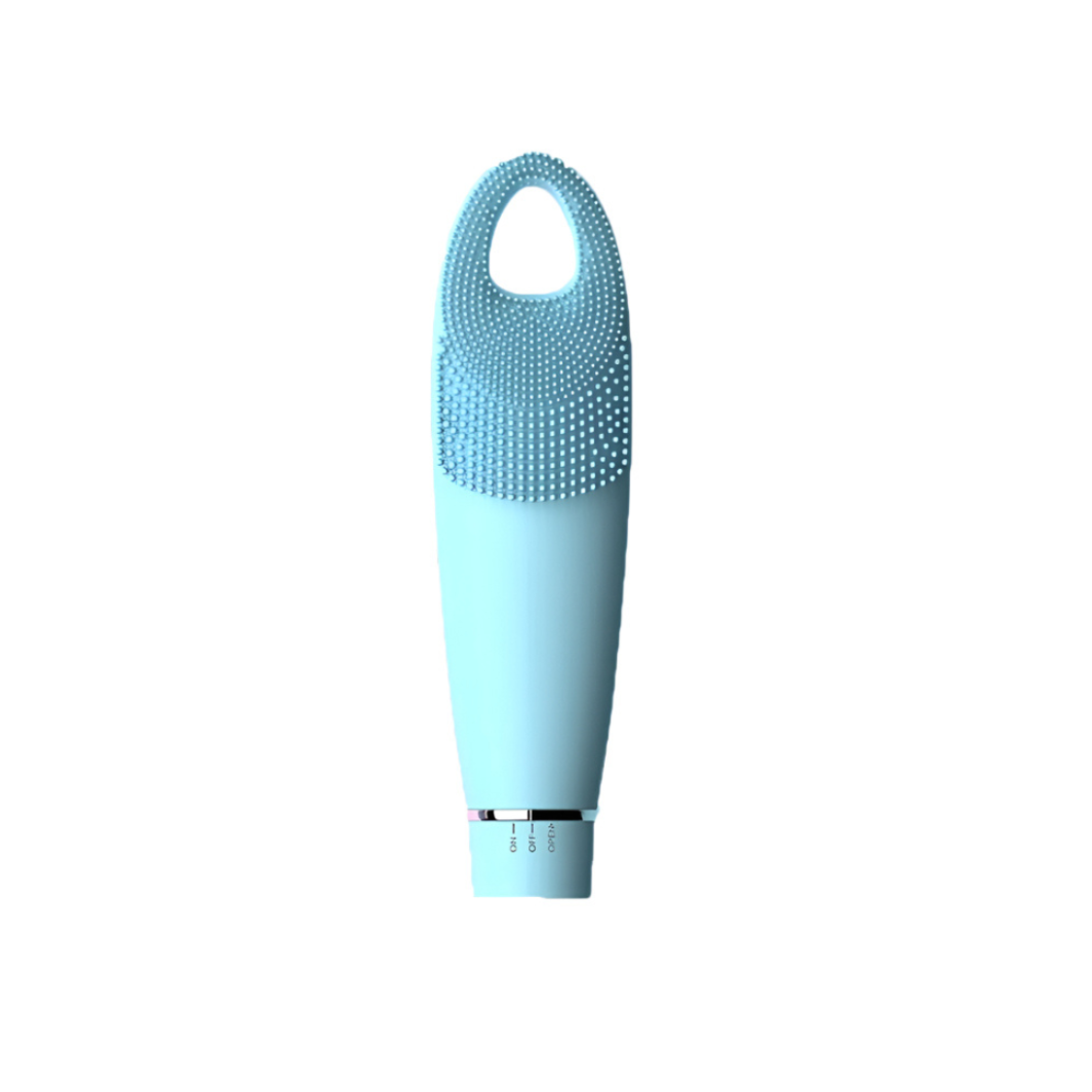 Light blue handheld cleaning brush with bristle head on a white background