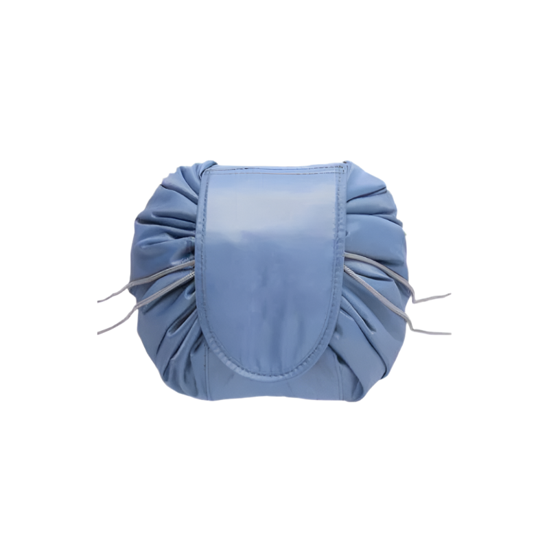 Blue fabric pouch with drawstrings on a white background