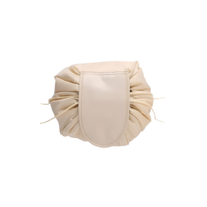 Beige drawstring pouch on a white background