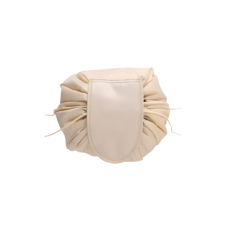 Beige drawstring pouch on a white background