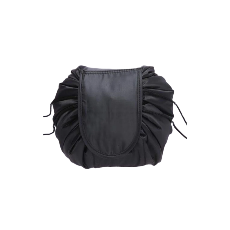 Black drawstring bag on a white background