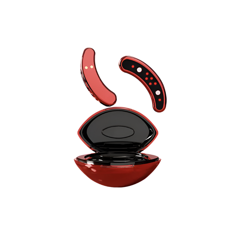 Red and black earbud case on a white background