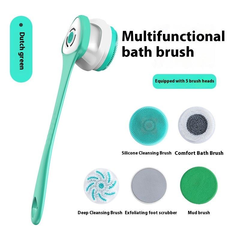 Electric rotating bath brush cleaner with massage head in white, purple, and green