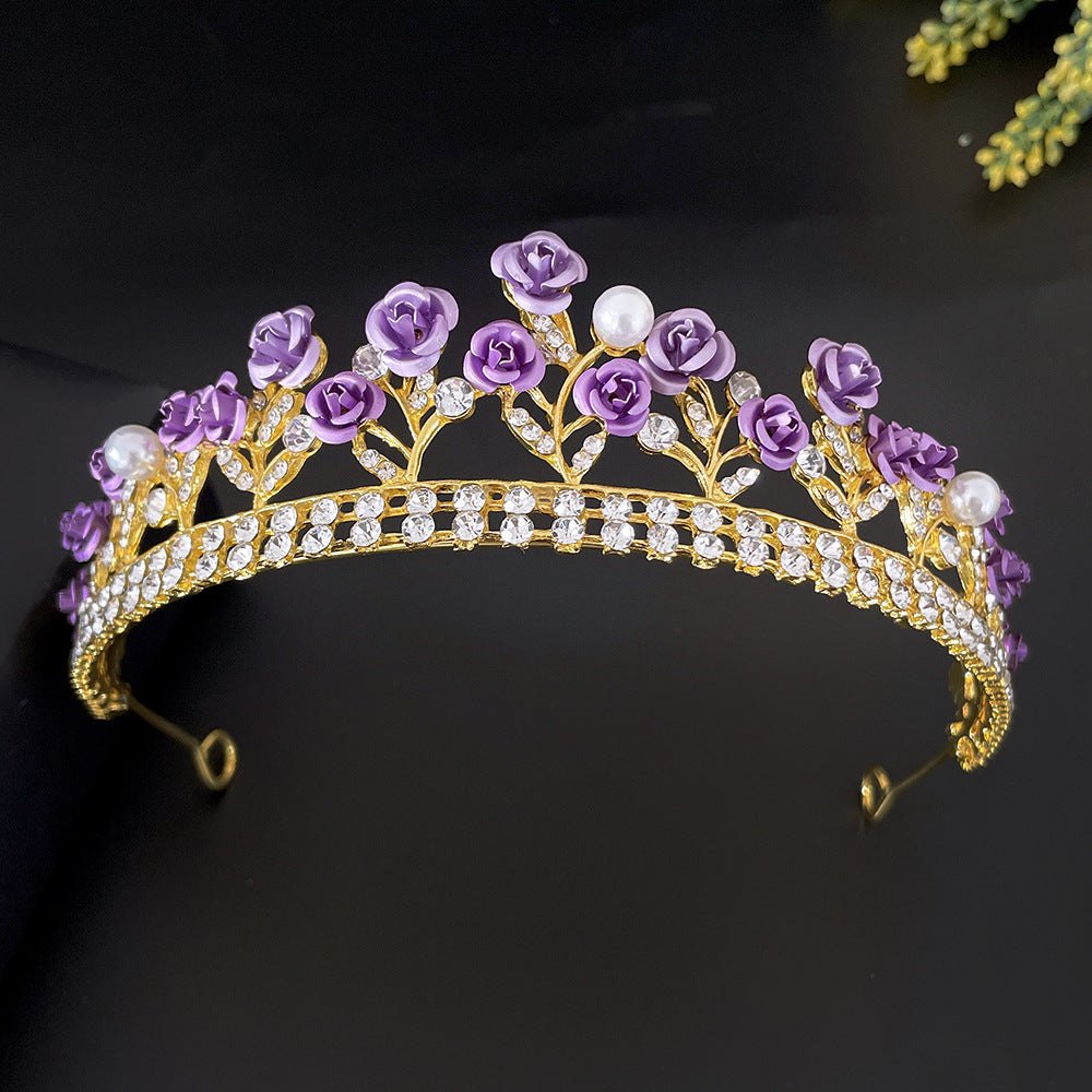 Purple rose-style crystal crown for women made with alloy and white crystals