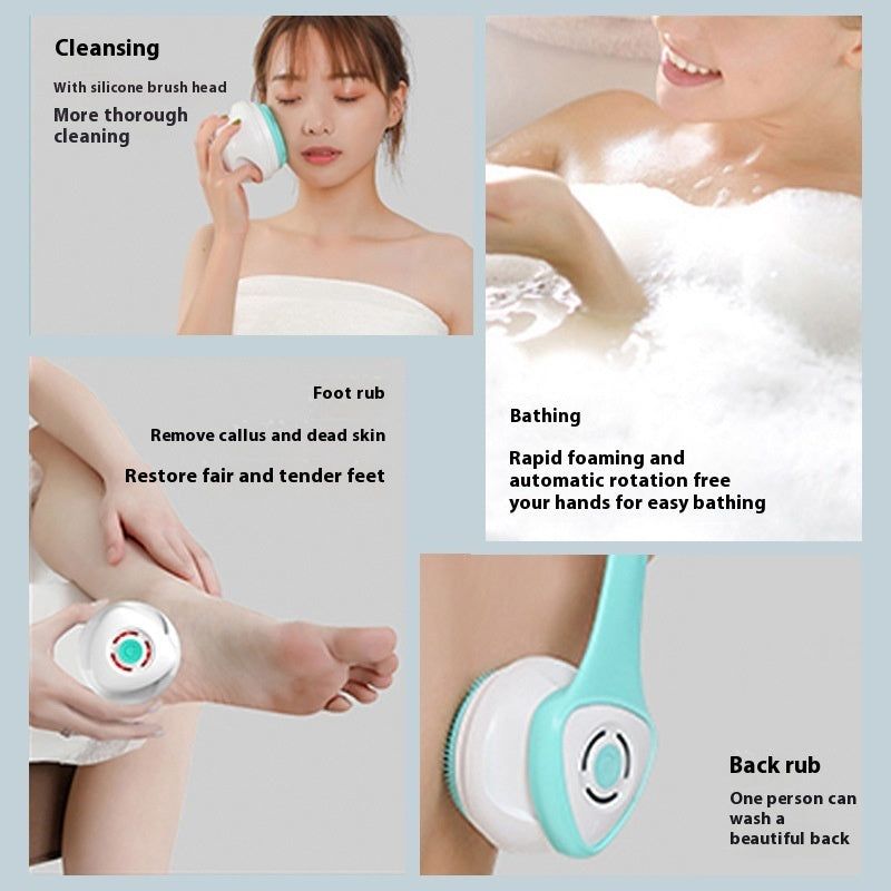 Electric rotating bath brush cleaner with massage head in white, purple, and green