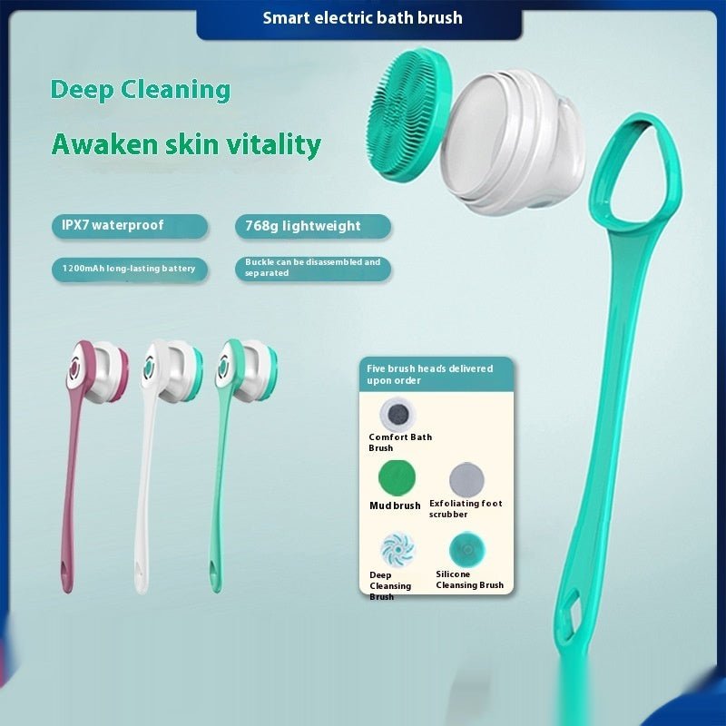 Electric rotating bath brush cleaner with massage head in white, purple, and green