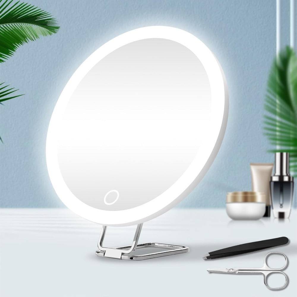 USB rechargeable LED makeup mirror with rotating stand, tweezers, and scissors