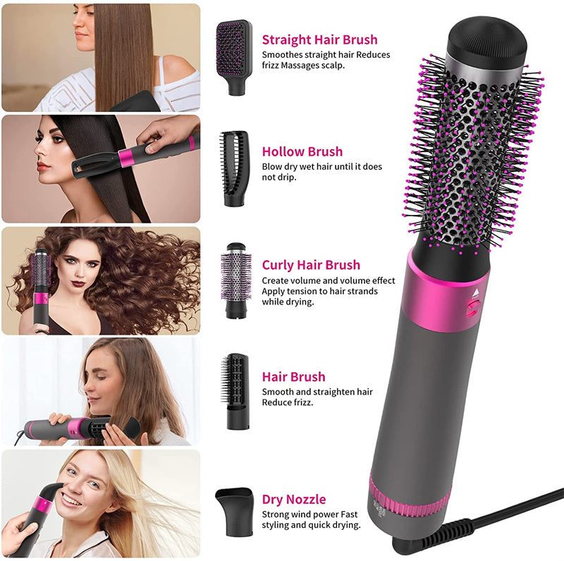 5-in-1 hair dryer styling brush with interchangeable curling and straightening heads