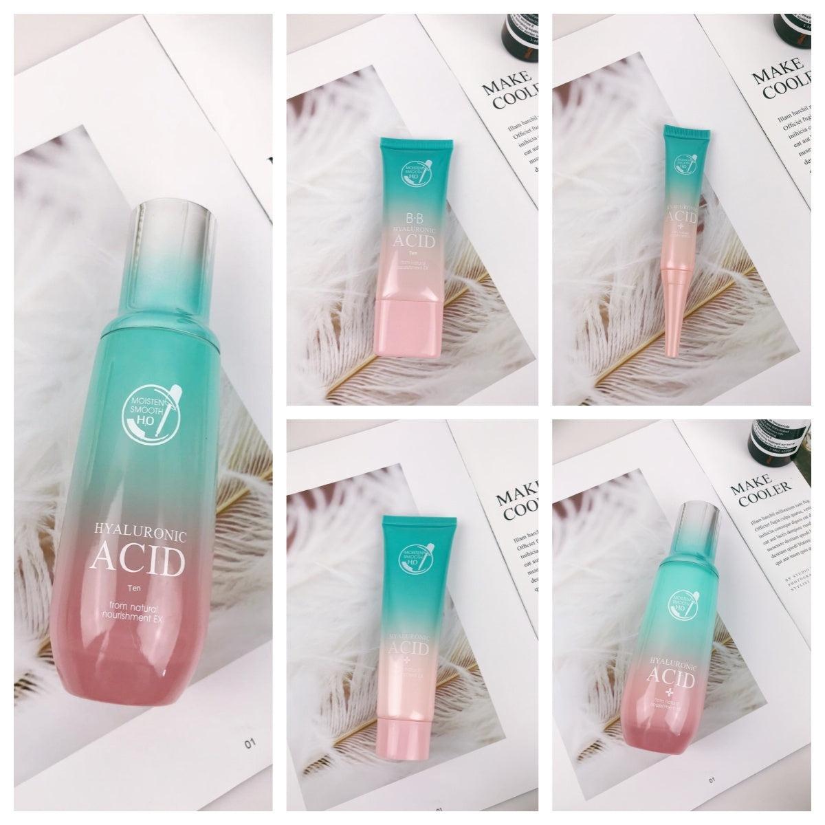 Hyaluronic acid facial care set with cleanser, creams, and lotions for women