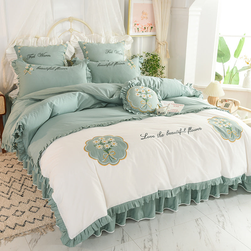 Summer Ruffled Cotton Four Piece Set Quilt Cover