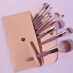 14-piece wooden handle makeup brush set with soft synthetic fibers and brush bag