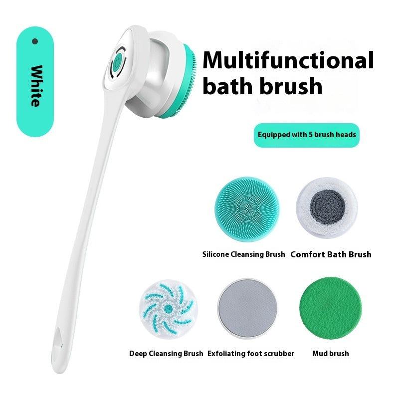 Electric rotating bath brush cleaner with massage head in white, purple, and green